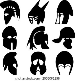 A set of nine medieval helmet silhouettes for games, websites, design, and more. Vector illustration.