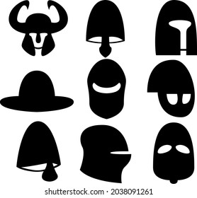 A set of nine medieval helmet silhouettes for games, websites, design, and more. Vector illustration.