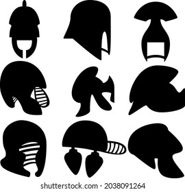 A set of nine medieval helmet silhouettes for games, websites, design, and more. Vector illustration.