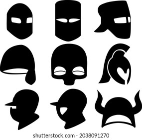 A set of nine medieval helmet silhouettes for games, websites, design, and more. Vector illustration.