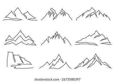 Conjunto de nove silhuetas mínimas de montanha desenhadas em linhas pretas simples