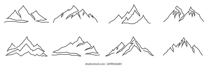 Satz von neun minimalen Berg Silhouetten in einfachen schwarzen Linien gezeichnet