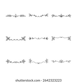 A set of nine minimalist floral dividers, featuring delicate leaves, swirls, and botanical motifs in a simple black outline style.