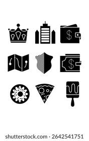 Set of nine minimalist glyphs. royalty, architecture, finance, navigation, protection, currency, nature, food, art