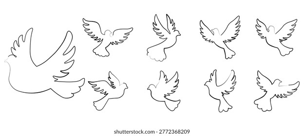 Set of nine minimalist pigeons and doves in continuous line art style. Holy Spirit symbols for Christianity, peace icons for wedding decor, and freedom concepts. Vector illustration