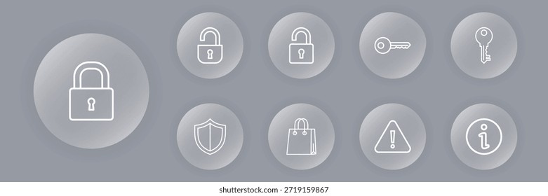 Um conjunto de nove ícones de vetor minimalistas ilustrando segurança, privacidade, controle de acesso e identidade