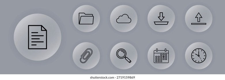 Um conjunto de nove ícones de vetor minimalistas, que descrevem vários recursos de gerenciamento de tempo, produtividade e escritório