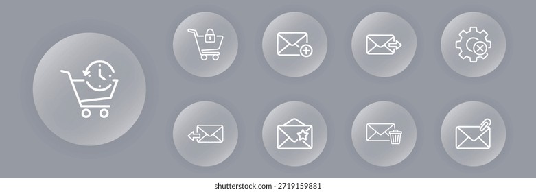 Um conjunto de nove ícones de vetor minimalistas representando compras, e-mail, sincronização, configurações e desperdício