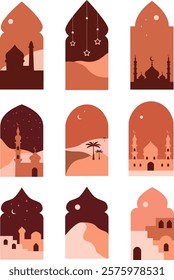 Set of  nine minimalistic Islamic window-shaped illustrations with mosques, deserts, and stars
