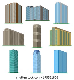 Set of nine  modern high-rise building on a white background. View of the building from the bottom. Isometric vector illustration.