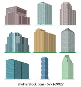 Set of nine  modern high-rise building on a white background. View of the building from the bottom. Isometric vector illustration.