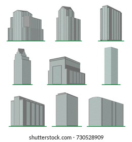 Set of nine  modern high-rise building on a white background. View of the building from the bottom. Isometric vector illustration.
