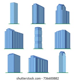 Set of nine  modern high-rise building on a white background. View of the building from the bottom. Isometric vector illustration.
