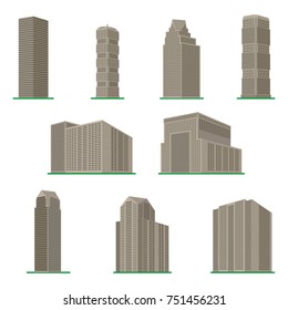 Set of nine modern high-rise building on a white background. View of the building from the bottom. Isometric vector illustration.
