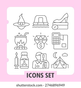 Set of nine modern thin line icons presenting magic, finance, health and travel concepts on white background. Ideal for web, digital projects and print media