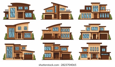 Set of nine modern two-story house illustrations featuring flat vector design, contemporary architecture, large glass windows, garages, and landscaped gardens on white background.