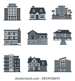 A set of nine monochromatic flat vector icons representing different types of hotels, motels, hostels, and residential houses.
