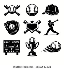 Set of nine monochrome baseball themed icons and illustrations