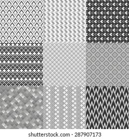 Set of nine monochrome geometric seamless patterns. Vector illustration. Can be used as backdrop, wallpaper, background.