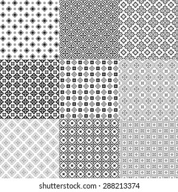 Set of nine monochrome geometric seamless patterns. Vector illustration. Can be used as backdrop, wallpaper, background.