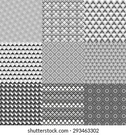 Set of nine monochrome geometric seamless patterns. Vector illustration. Can be used as backdrop, wallpaper, background