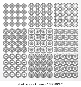 A set of nine monochrome geometrical patterns. White, gray grille texture in Arabic, Oriental style. Abstract background.