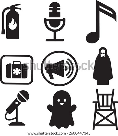 A set of nine monochrome icons featuring various themes. Top row: fire extinguisher, microphone, musical note. Middle row: medical kit in a square, megaphone with sound waves, hooded figure 