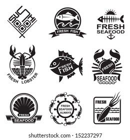 set of nine monochrome seafood icons