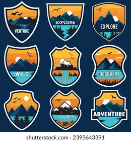 Set of Nine Mountain Badge logo Design Inspiration . Hiking Emblems. Design Element For Logo, Label, Emblem,  Outdoor Adventure. Vector Graphic Print For T Shirt And Other Uses.