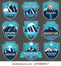 Set of nine  Mountain Badge logo Design. Camping outdoor adventure emblems, badges and logo patches. Mountain tourism, hiking. Forest camp labels in vintage style.