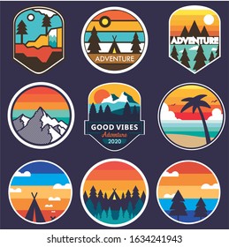 Set of nine mountain travel emblems. Camping outdoor adventure emblems, badges and logo patches. Mountain tourism, hiking. Forest camp labels in vintage style