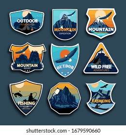 Set of nine mountain travel emblems. Camping outdoor adventure emblems, badges and logo patches.