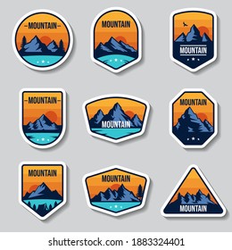 Set of nine mountain travel emblems. Camping outdoor adventure emblems, badges and logo patches. Mountain tourism, hiking. Forest camp labels in vintage style