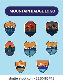 Set of nine mountain travel emblems. Camping outdoor adventure emblems, badges and logo patches. Mountain tourism, hiking. Forest camp labels in vintage style