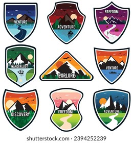 Set of nine mountain travel emblems. Camping outdoor adventure emblem, badge and logo patch. Mountain tourism, hiking. Jungle camp label in vintage style.enture,adventure,freedom,wanderlust,explore.