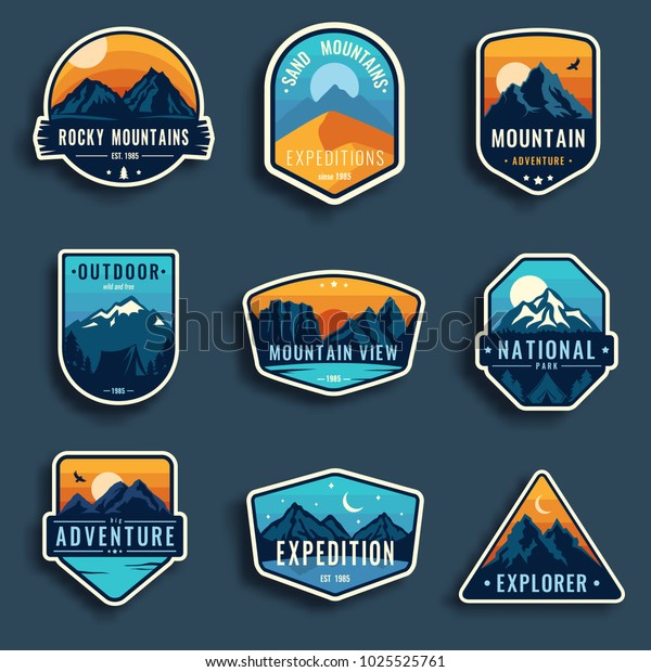 Set of nine mountain travel\
emblems. Camping outdoor adventure emblems, badges and logo\
patches. Mountain tourism, hiking. Forest camp labels in vintage\
style