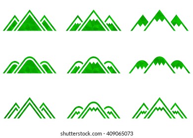 Set of nine mountains signs. Mountain icon. Vector illustration.