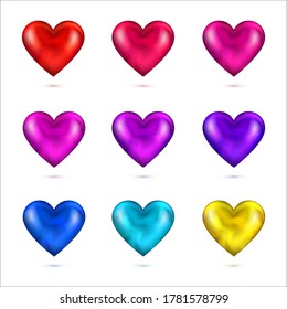 Set of nine multicolor 3d hearts with flowing texture inside isolated on white background.