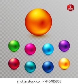 Set of nine multicolored decorative dimensional spheres in different colors of the spectrum with a shiny metallic, matte finish or sheen on a transparent background for design elements