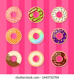 a set of nine multi-colored glazed donuts design