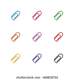 Set of nine multi-colored paper clips with shadow isolated on white background, design elements chancellery, fourth set, vector illustration.