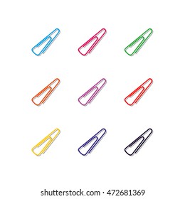 Set of nine multi-colored paper clips with shadow isolated on white background, design elements chancellery, seventh set, vector illustration.