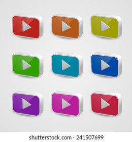 Set of nine multicolored play buttons. Isolated on white background. Vector illustration, eps 10.