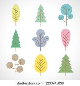 Set of nine multicolored trees on white background. Vector illustration.
