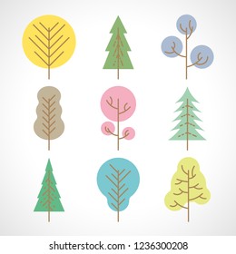 Set of nine multicolored trees on white background. Vector illustration.
