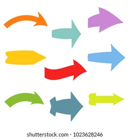 Set of nine multicolored various arrows. Vector illustration
