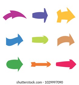Set of nine multicolored various arrows. Vector illustration