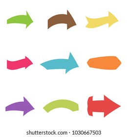 Set of nine multicolored various arrows. Vector illustration
