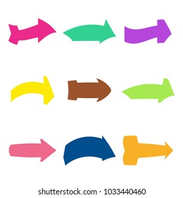 Set of nine multicolored various arrows. Vector illustration