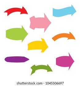 Set of nine multicolored various arrows. Vector illustration